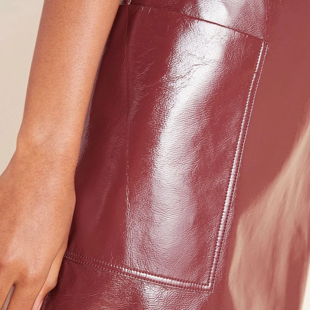 Anthropologie Maeve Faux Leather Patent Mini Skirt Size  10P Burgundy Edgy Chic
